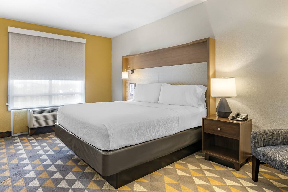 Une chambre d’hôtel avec un grand lit, une table de chevet avec une lampe, une chaise et une moquette à motifs.