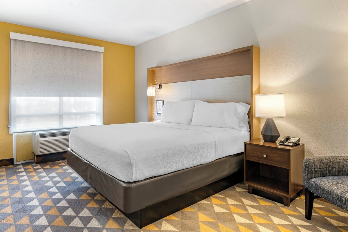 Une chambre d’hôtel avec un grand lit, une table de chevet avec une lampe, une chaise et une moquette à motifs.