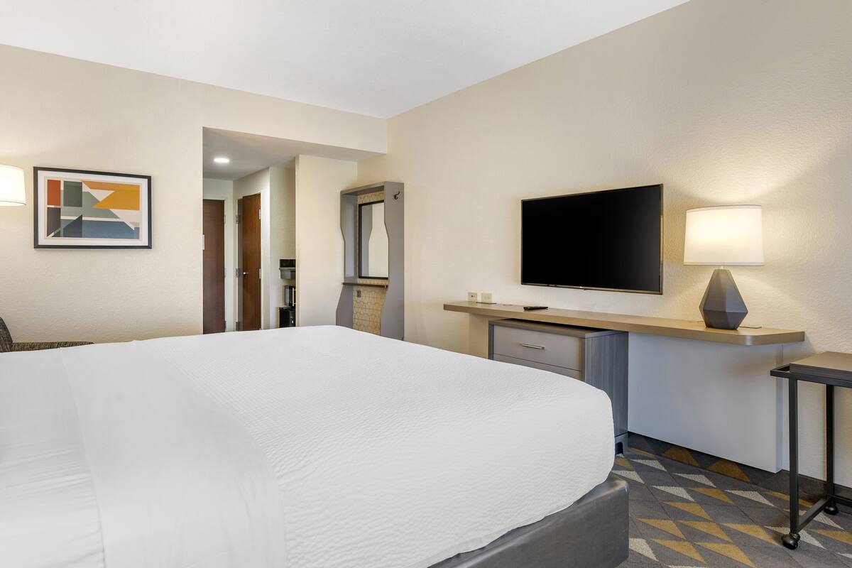 Une chambre d’hôtel avec un grand lit, un téléviseur à écran plat fixé au mur, un bureau avec une lampe et un tableau accroché au mur.