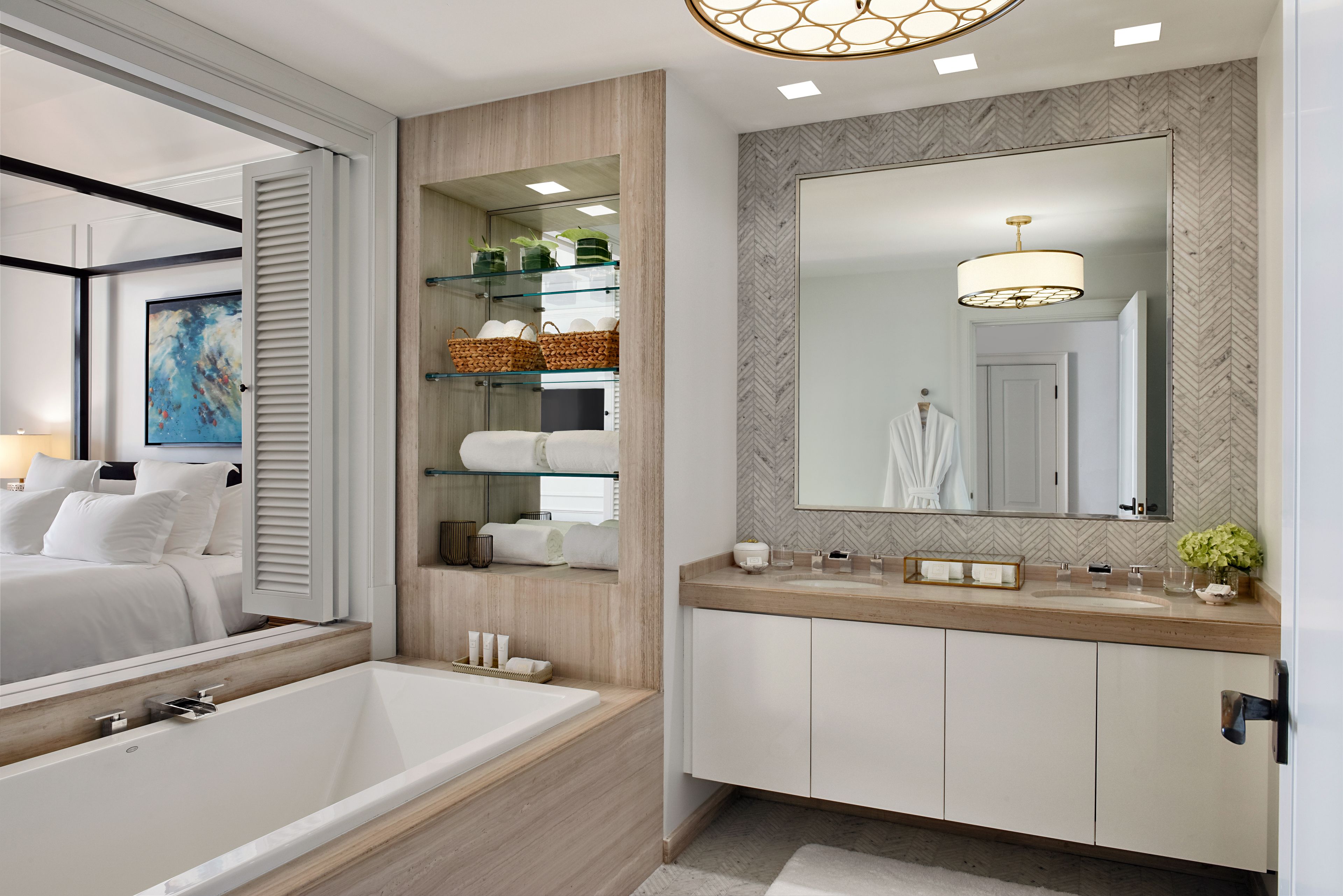 separate bathtub and shower, deep-soaking bathtub, rainfall showerhead