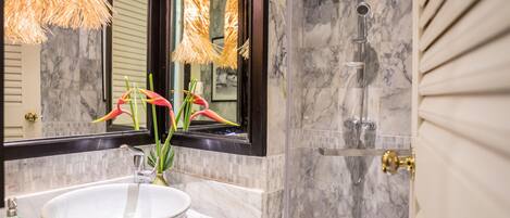 A bathroom with a marble sink, a mirror, a shower, and a decorative plant.