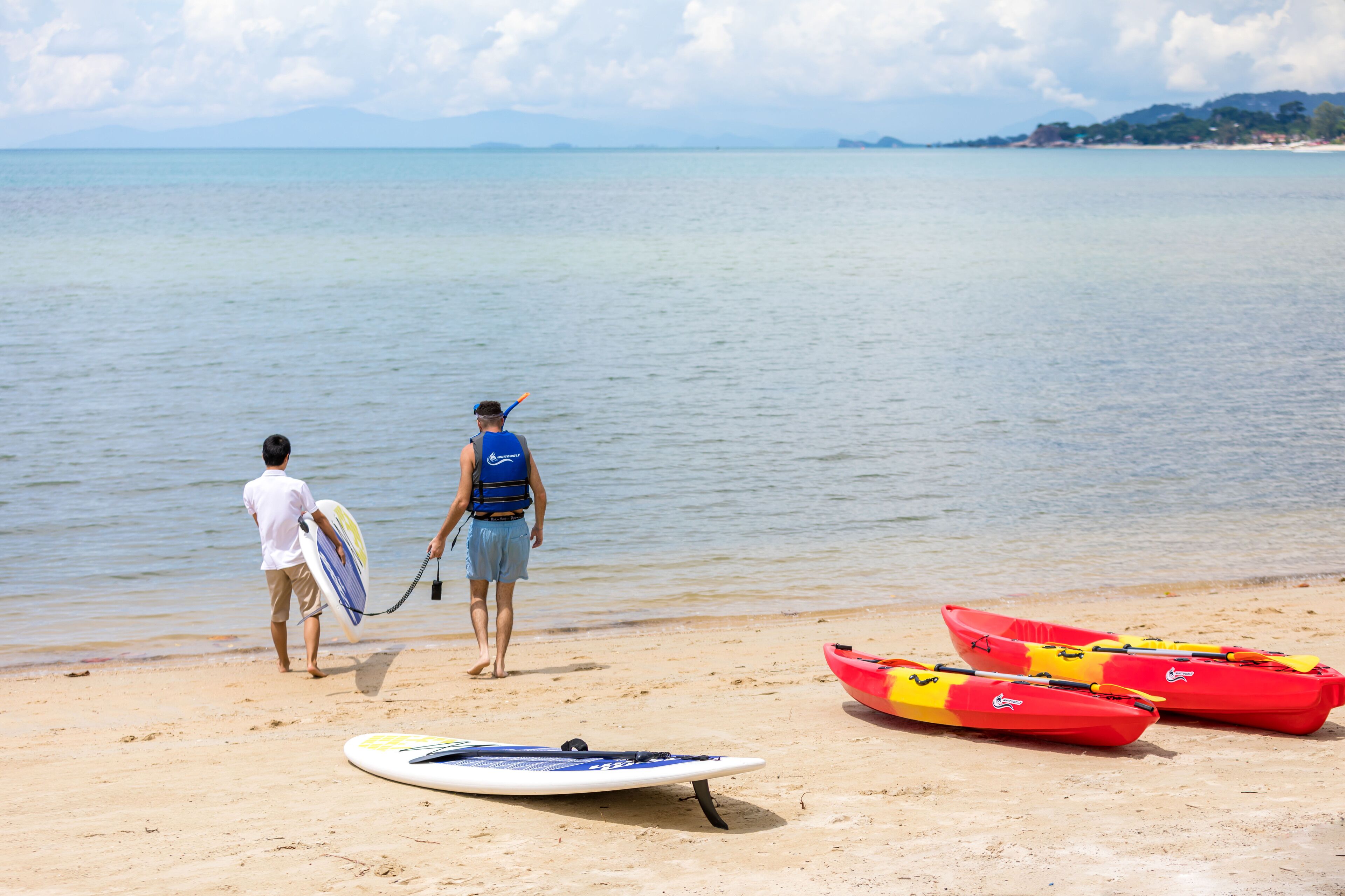 Une plage avec des kayaks et une planche de surf sur le sable.