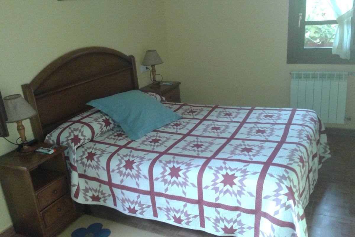 A bedroom with a wooden headboard, a patterned bedspread, a blue pillow, bedside lamps, a nightstand with drawers, and a radiator.