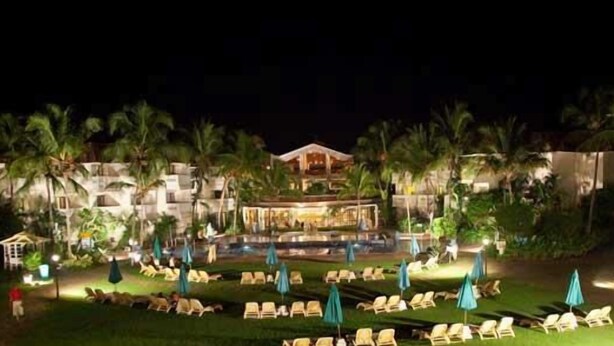 Een resort met een zwembad, ligbedden en palmbomen.