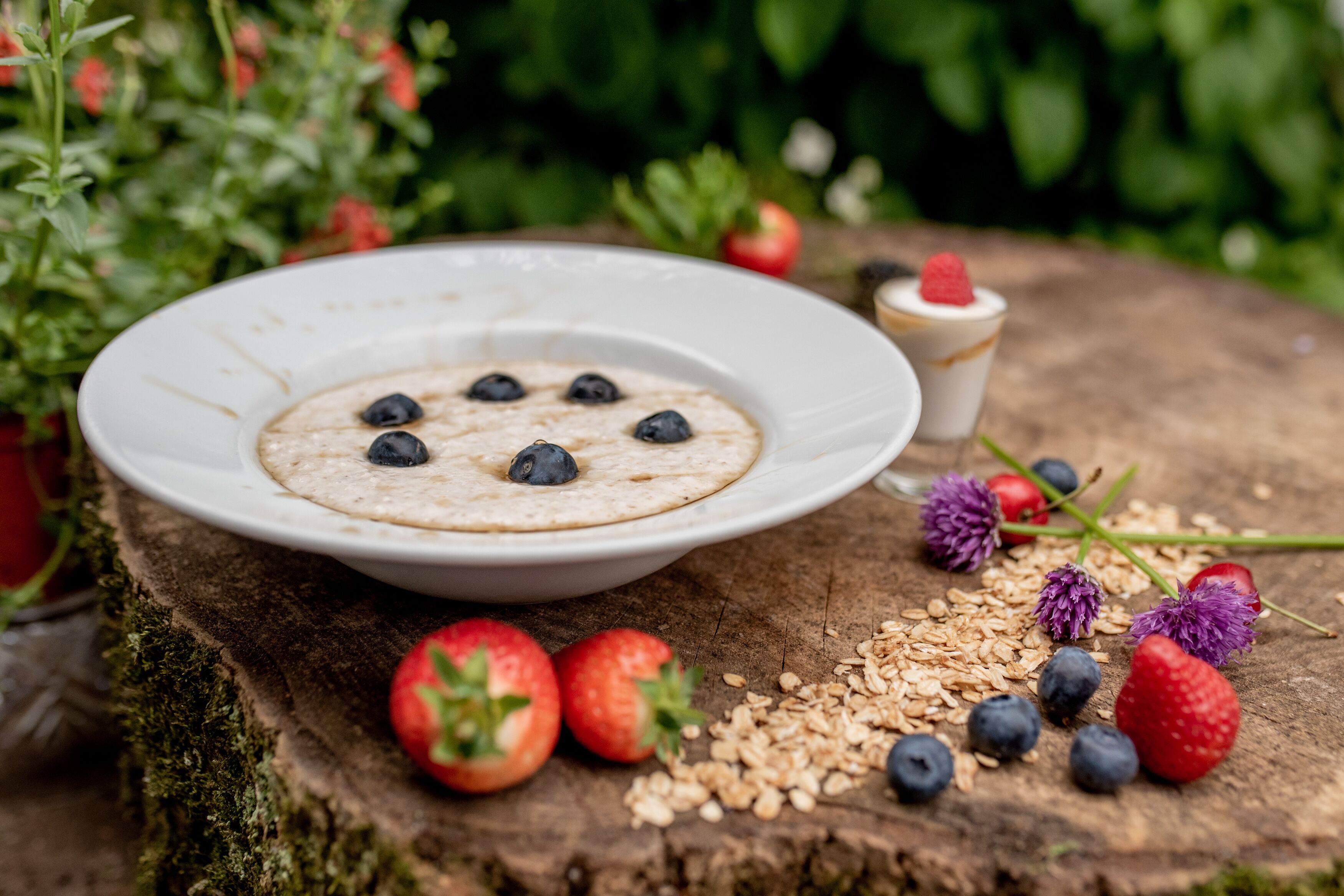 A bowl of oatmeal with blueberries and a small dessert on a wooden surface surrounded by strawberries and blueberries.