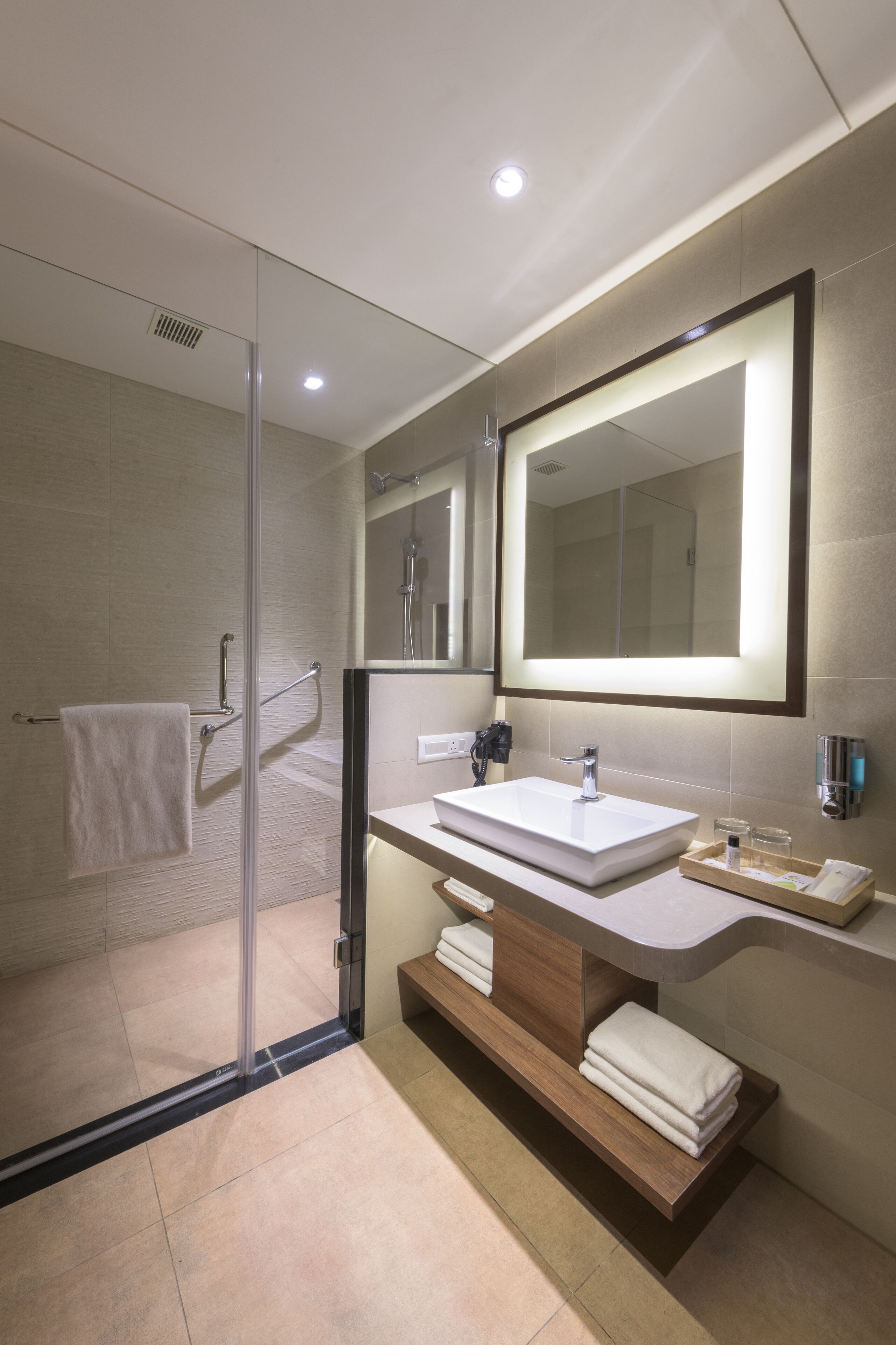 A modern bathroom with a glass shower enclosure, a large mirror, a sink, and a towel rack.