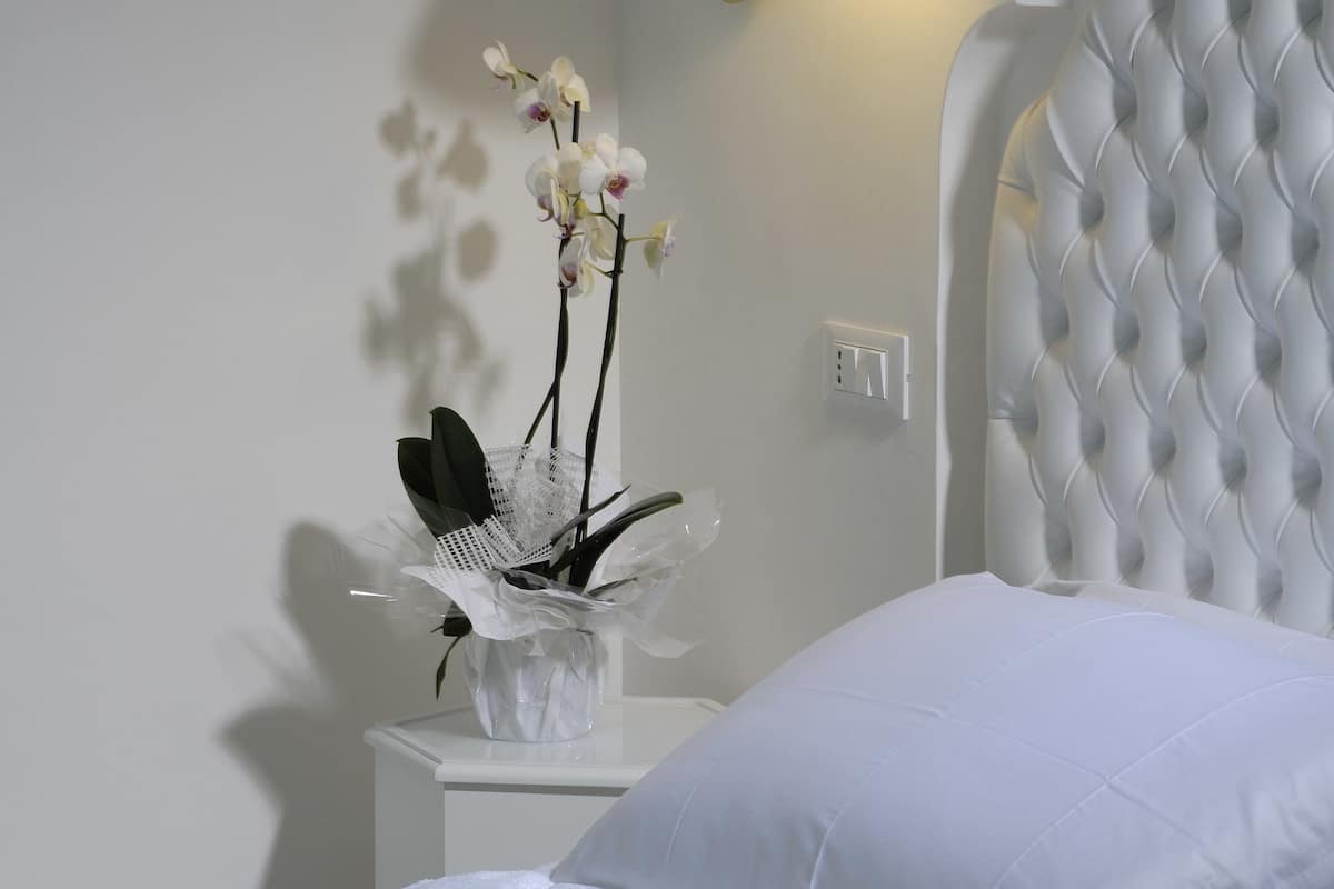 A neatly made bed with white linens and a white headboard. A small white nightstand with a lamp and a decorative orchid arrangement is beside the bed.