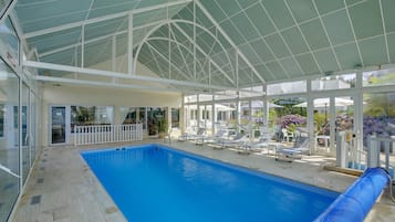 Indoor pool, seasonal outdoor pool, pool loungers