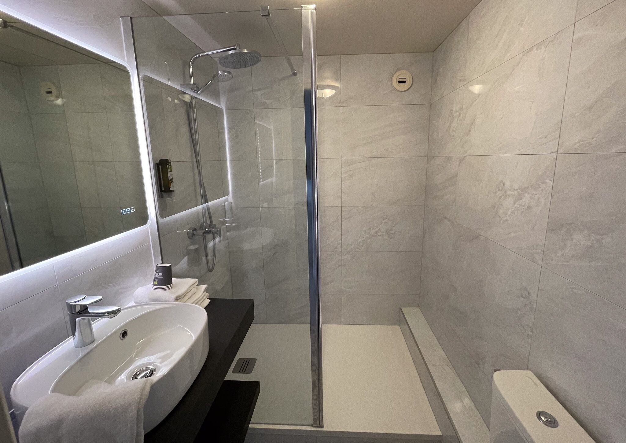 A modern bathroom with a glass-enclosed shower, a white sink, and a large mirror.