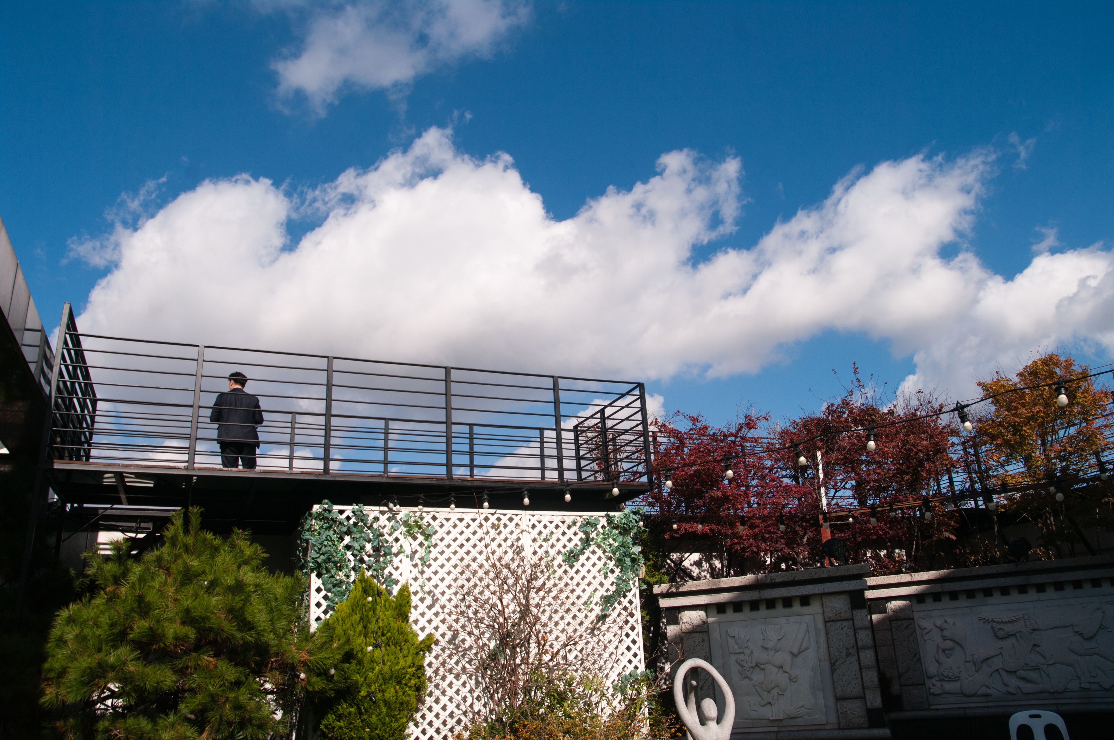 Eine Person steht auf einem Balkon, im Hintergrund ein klarer Himmel mit Wolken.