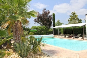 Una piscina con sillas de descanso y una zona techada, rodeada de palmeras y un letrero que dice "Auberge des Pins".