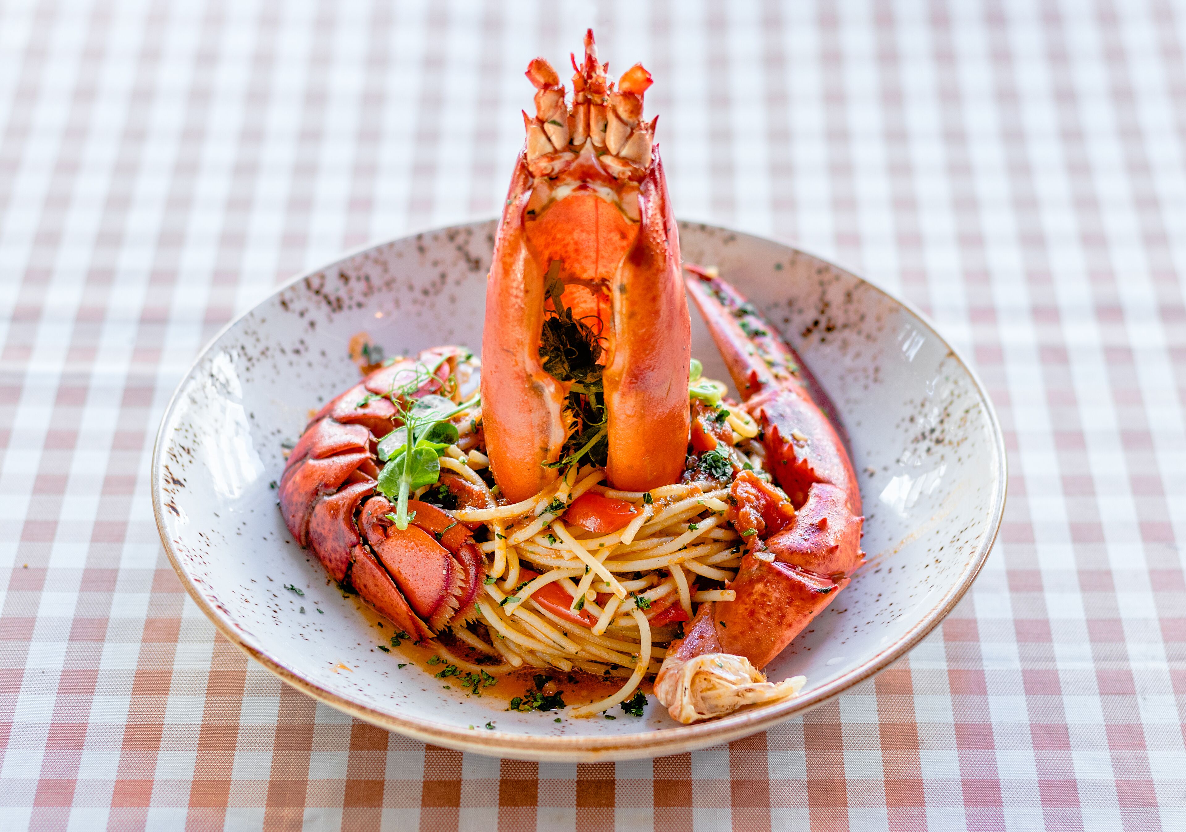 A plate of spaghetti with lobster tail and vegetables on a checkered tablecloth.