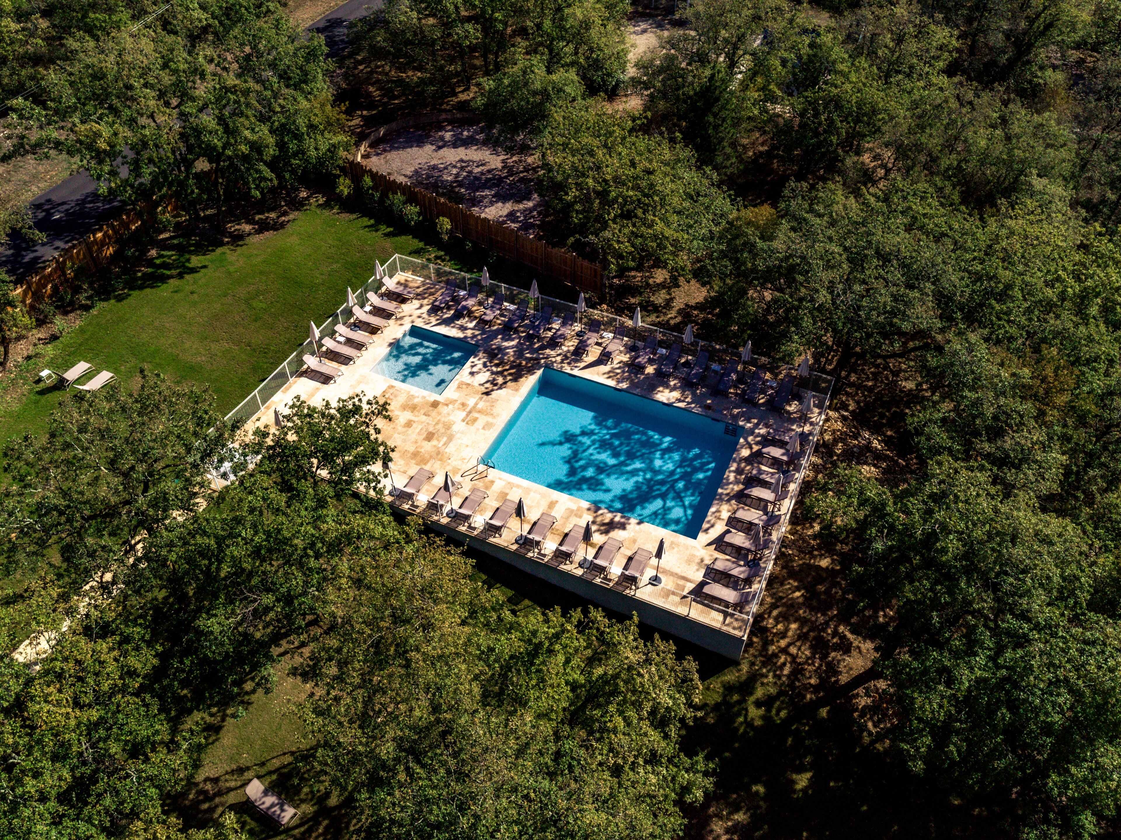 seasonal outdoor pool, pool umbrellas, pool loungers