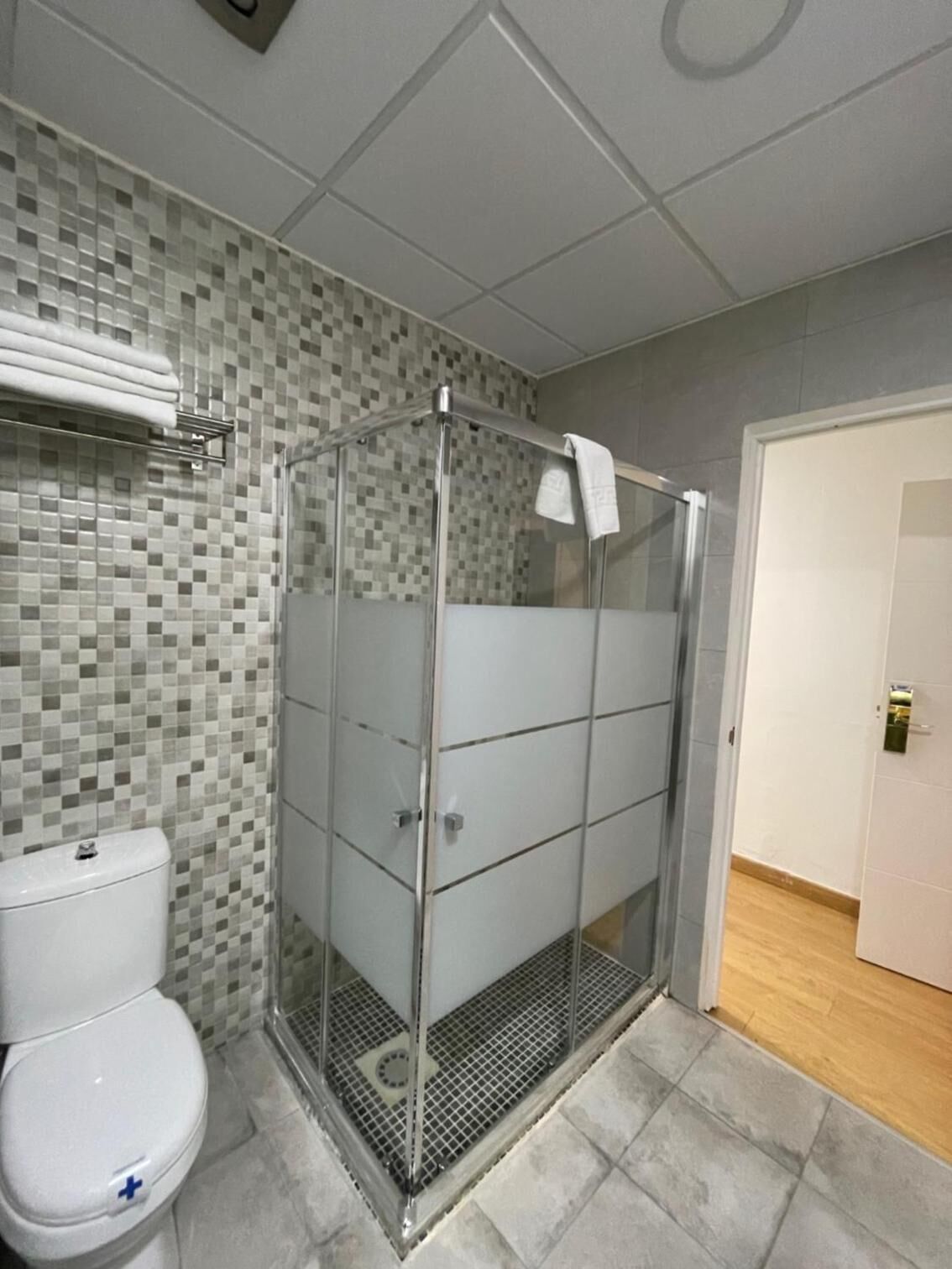 Un baño con ducha de vidrio, inodoro y pared con azulejos.