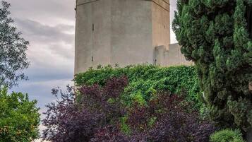 Een historische toren met een bekroond dak, omgeven door weelderige begroeiing en een stenen muur.