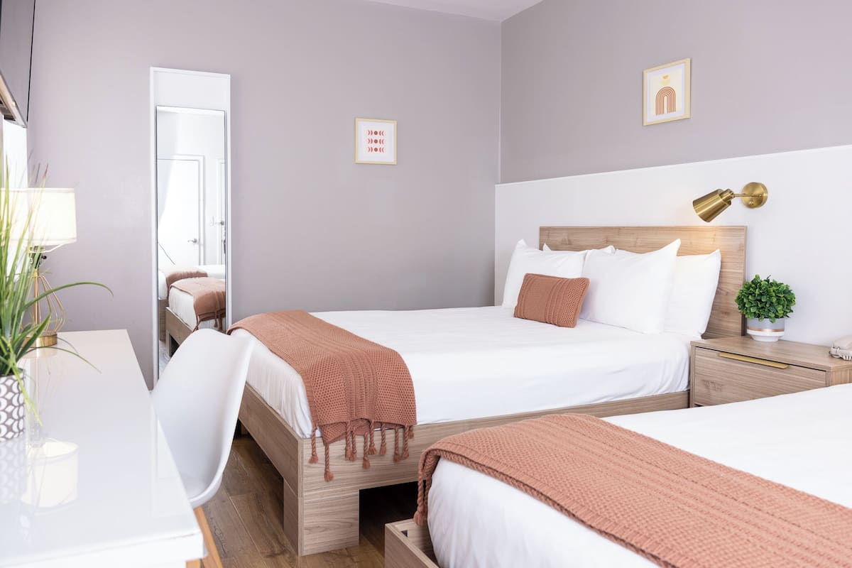 A modern hotel room with two beds, a bedside table with a lamp, a small plant, and a framed picture on the wall.