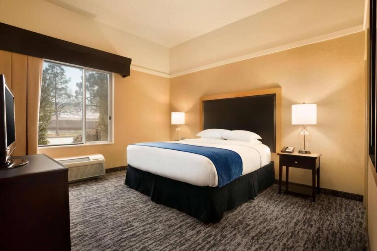 Une chambre d’hôtel avec un lit, un bureau, une lampe et une fenêtre.