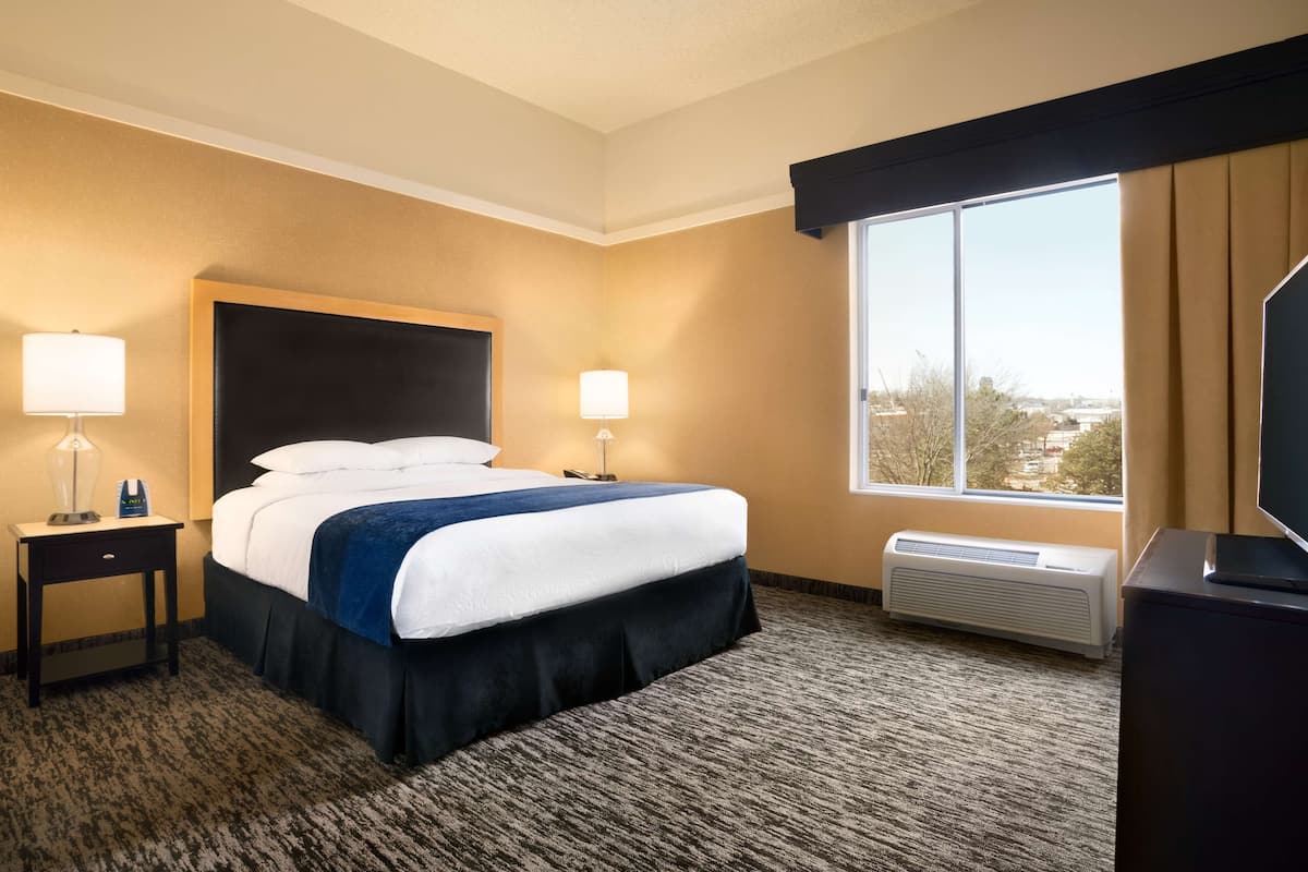 Una habitación de hotel con una cama grande, dos lámparas de noche, un televisor de pantalla plana, un ventanal con vistas y un equipo de aire acondicionado.