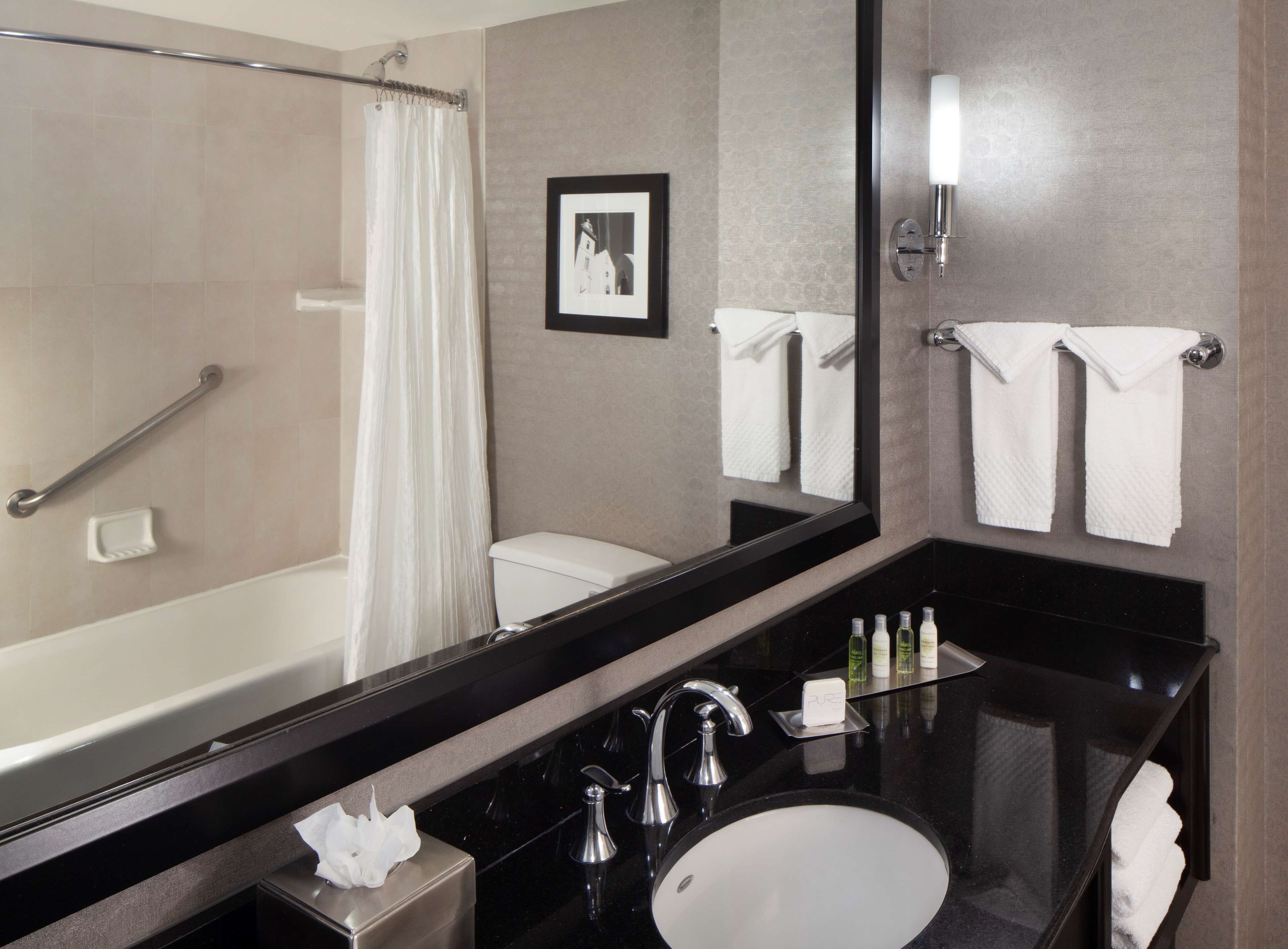 combined shower/bathtub, designer toiletries, hair dryer, towels