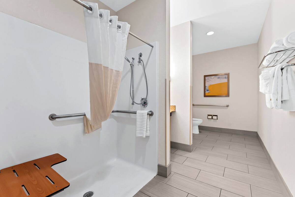 suite, 2 queen beds, accessible, non smoking | bathroom | hair dryer, towels