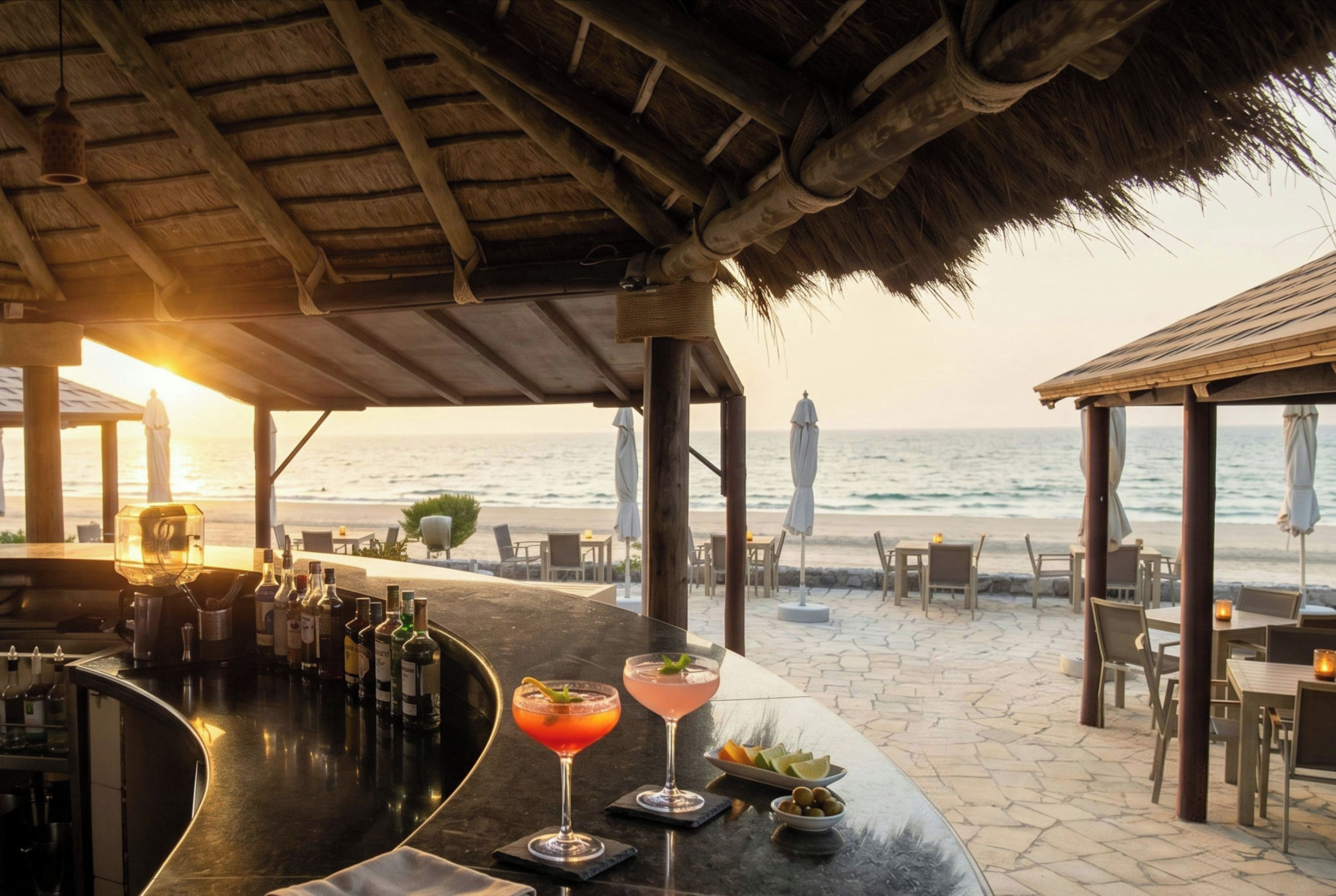 A bar with a view of the ocean, outdoor seating, and a thatched roof structure.