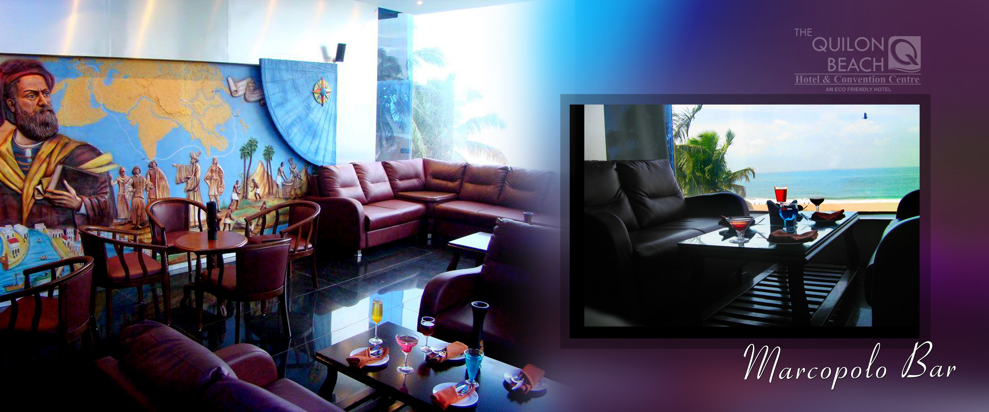 A bar with a view of the beach, leather seating, and a world map mural.