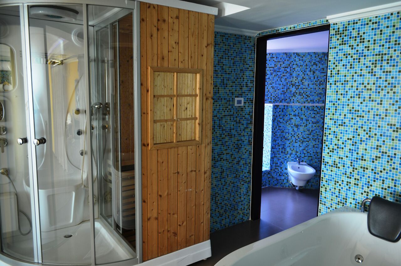 Un baño con ducha de mampara de vidrio, puerta de madera y pared con mosaicos.