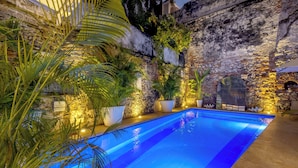 Piscina com parede de pedra e plantas tropicais.