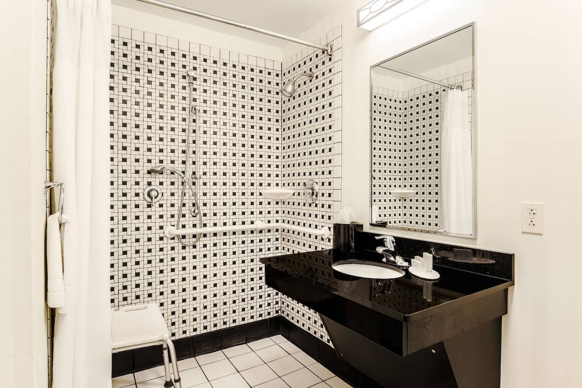Combined shower/bathtub, free toiletries, hair dryer, towels