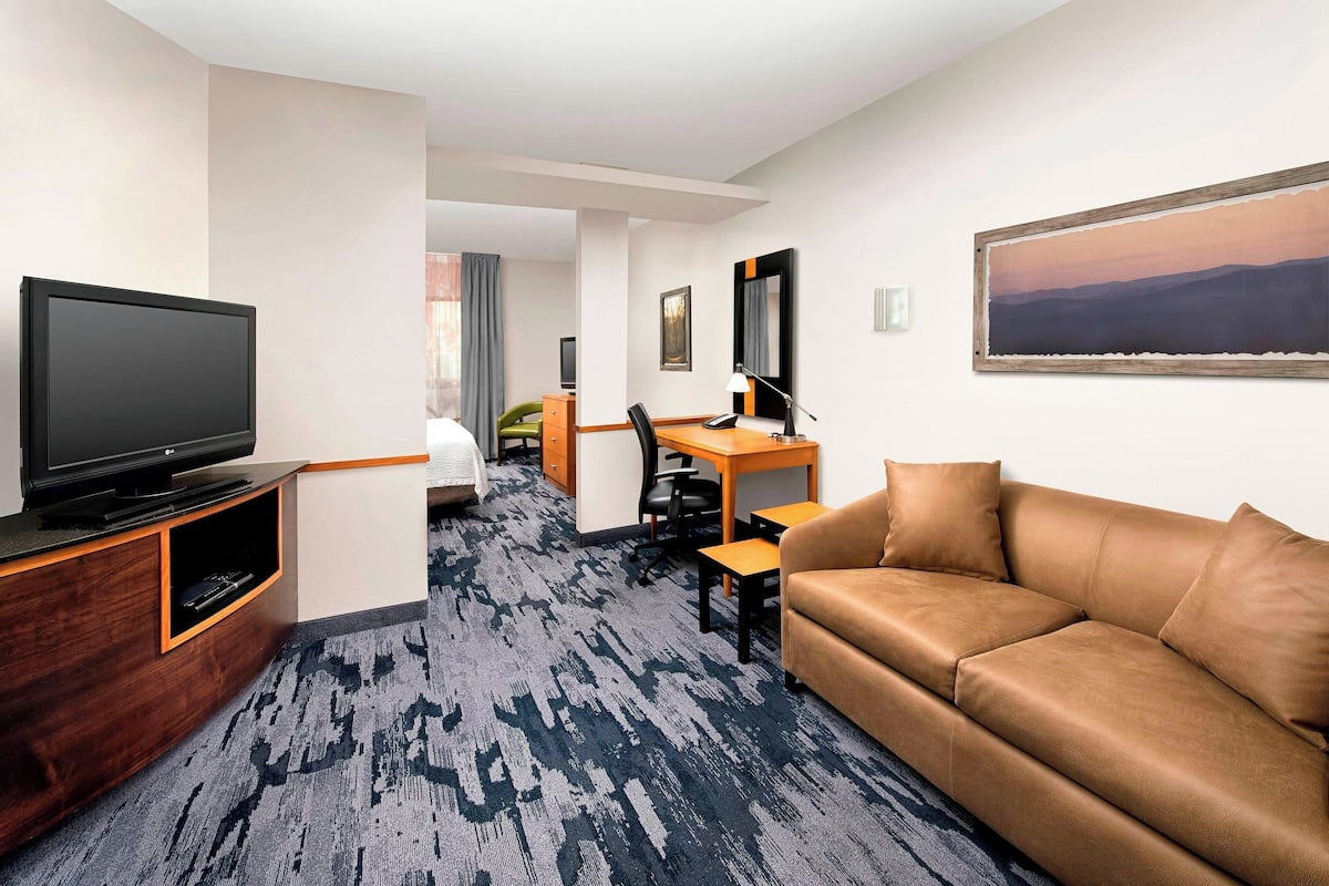 Habitación de hotel con televisión, escritorio, sofá de cuero y un cuadro en la pared.