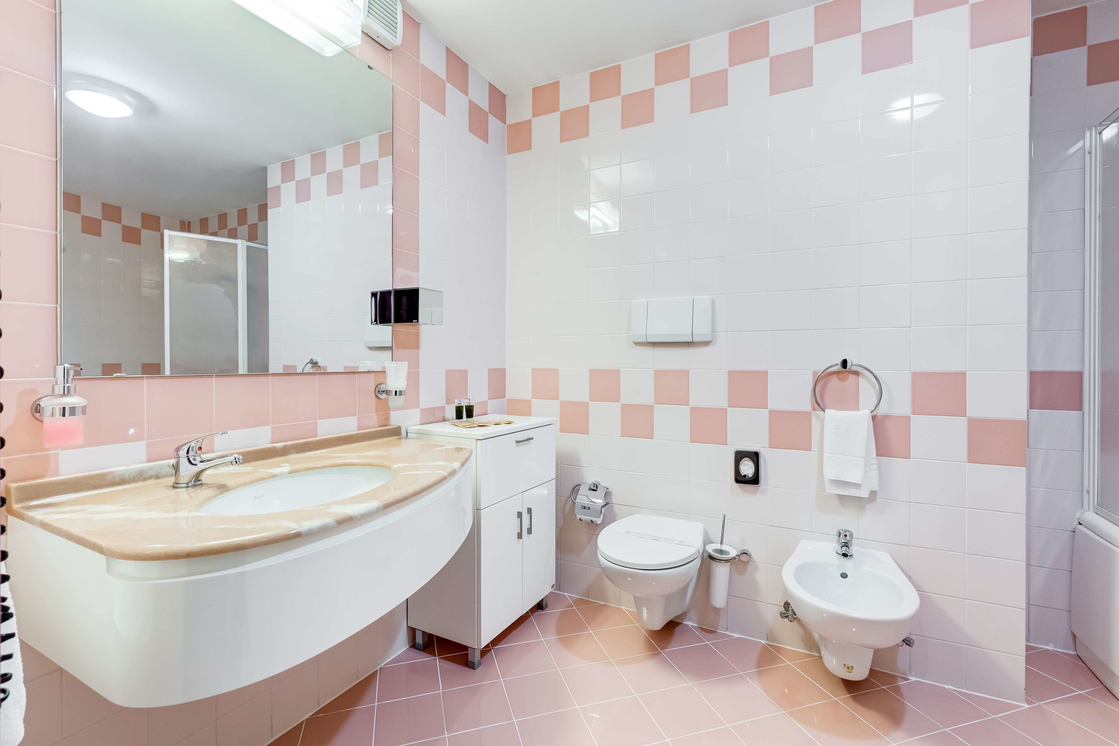 A bathroom with a sink, toilet, bidet, and a mirror.