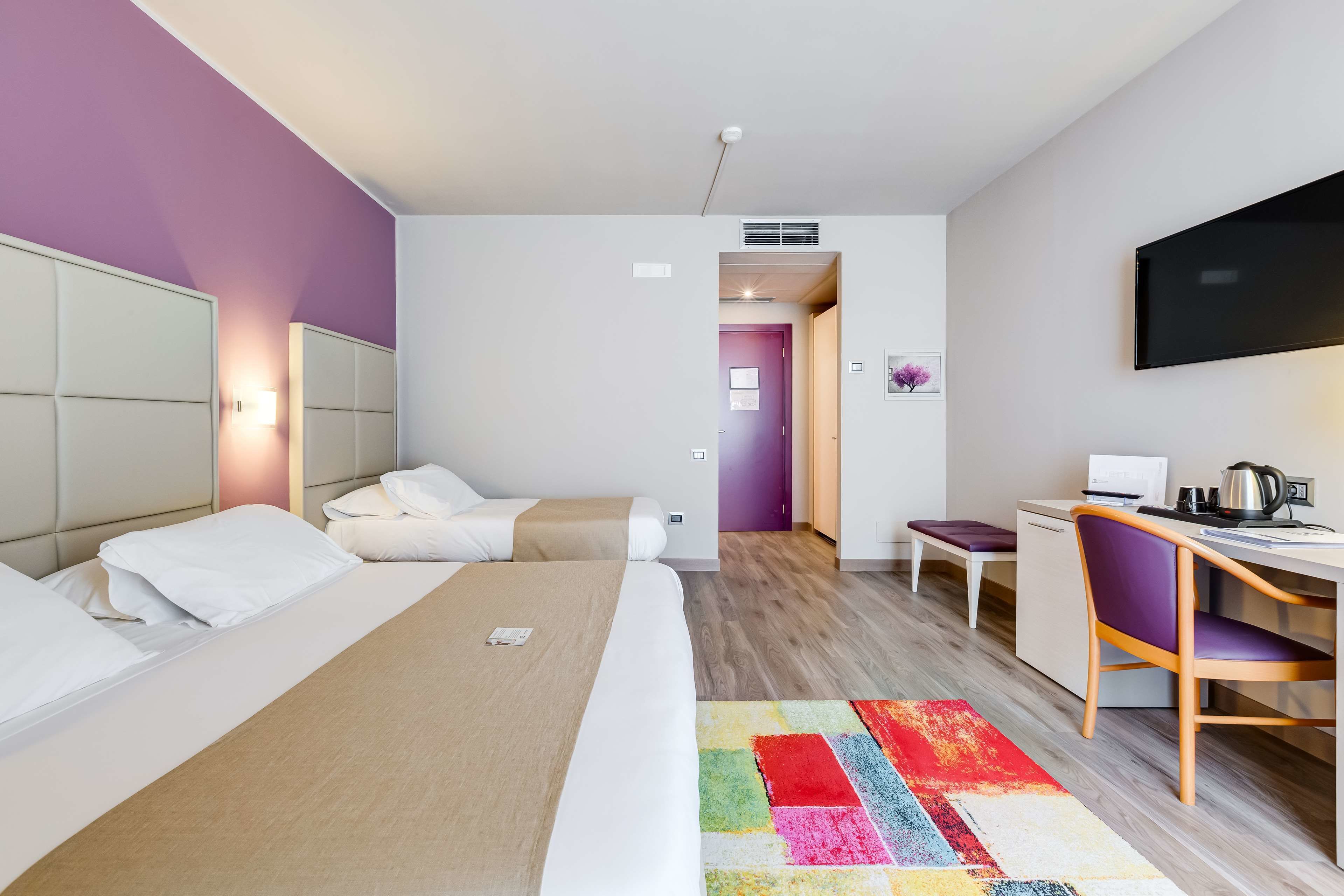Een moderne hotelkamer met twee bedden, een bureau, een stoel, een televisie en een kleurrijk vloerkleed.