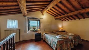 A rustic room with a sloped ceiling, two beds with patterned bedding, a window with a view, and a radiator.