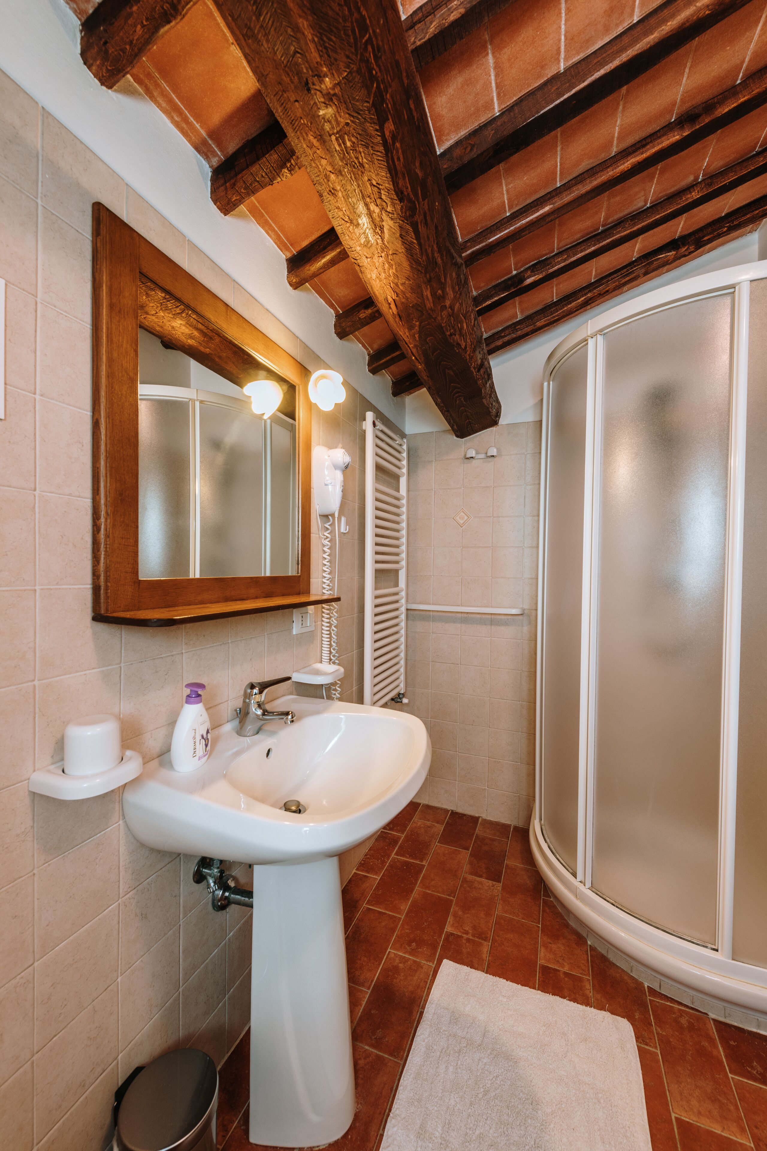 A bathroom with a white sink, mirror, and shower.