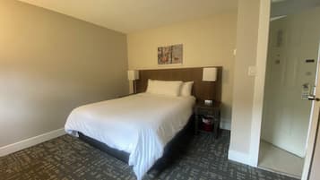 Una habitació d'hotel amb un llit gran, dues taules de nit amb làmpades, un paviment amb moqueta i una porta a la dreta.