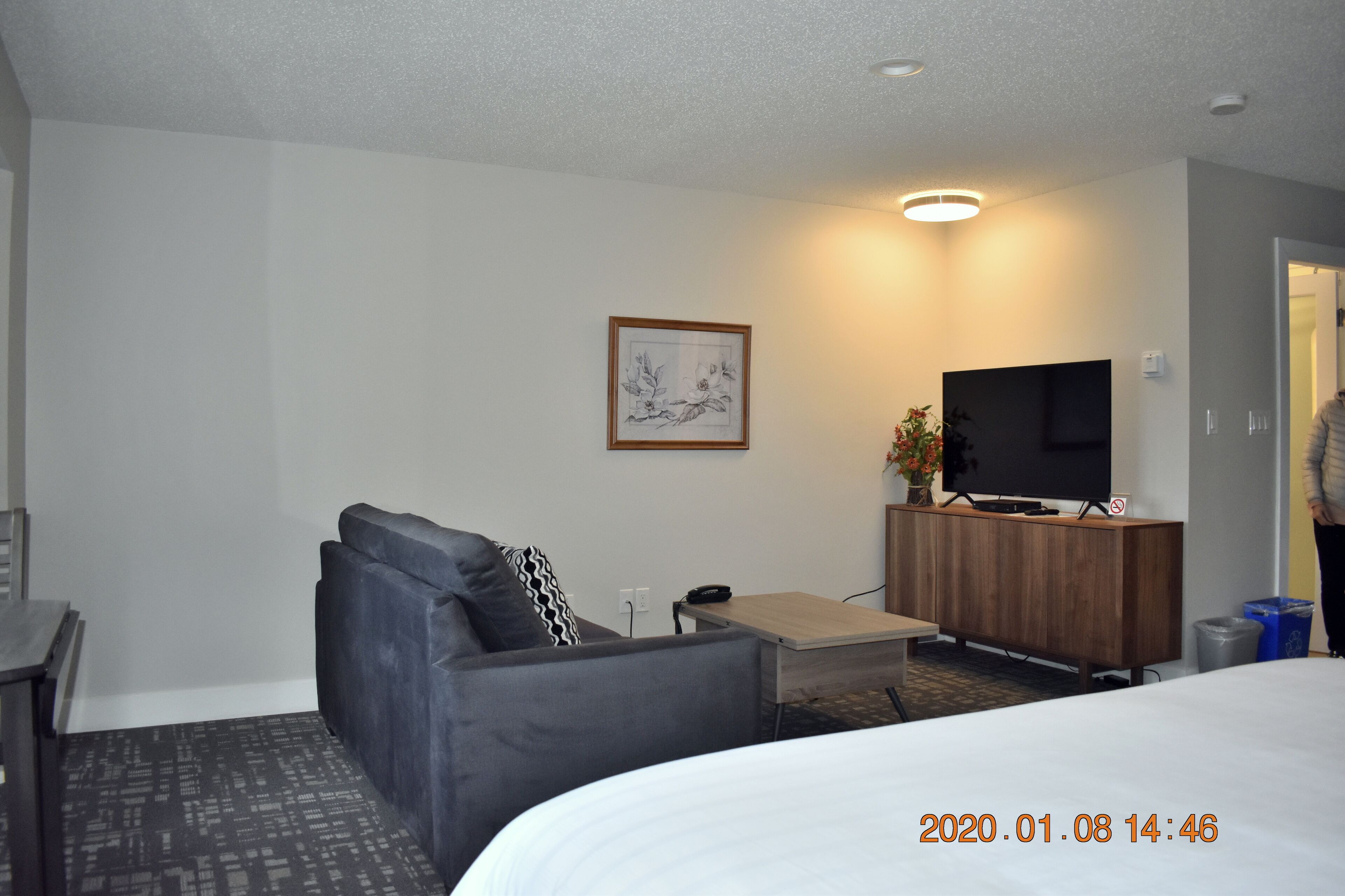 A modern hotel room with a grey sofa, a small wooden table, a flat-screen TV on a wooden stand, a framed picture on the wall, and a bed with a white comforter.