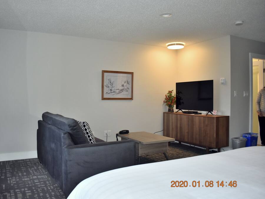 A modern hotel room with a grey sofa, a small wooden table, a flat-screen TV on a wooden stand, a framed picture on the wall, and a bed with a white comforter.