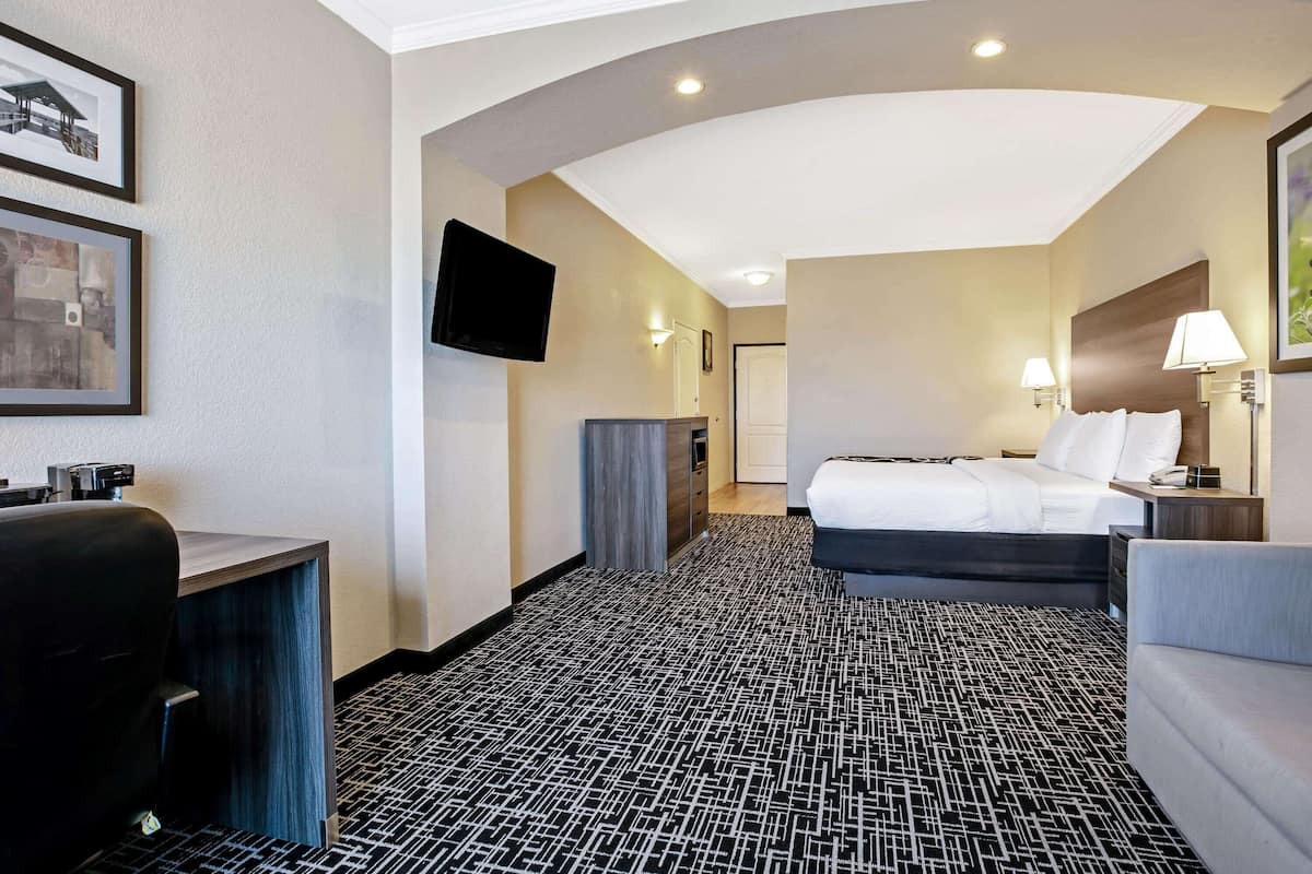 Een hotelkamer met een bed, een bureau, een televisie en een lamp.
