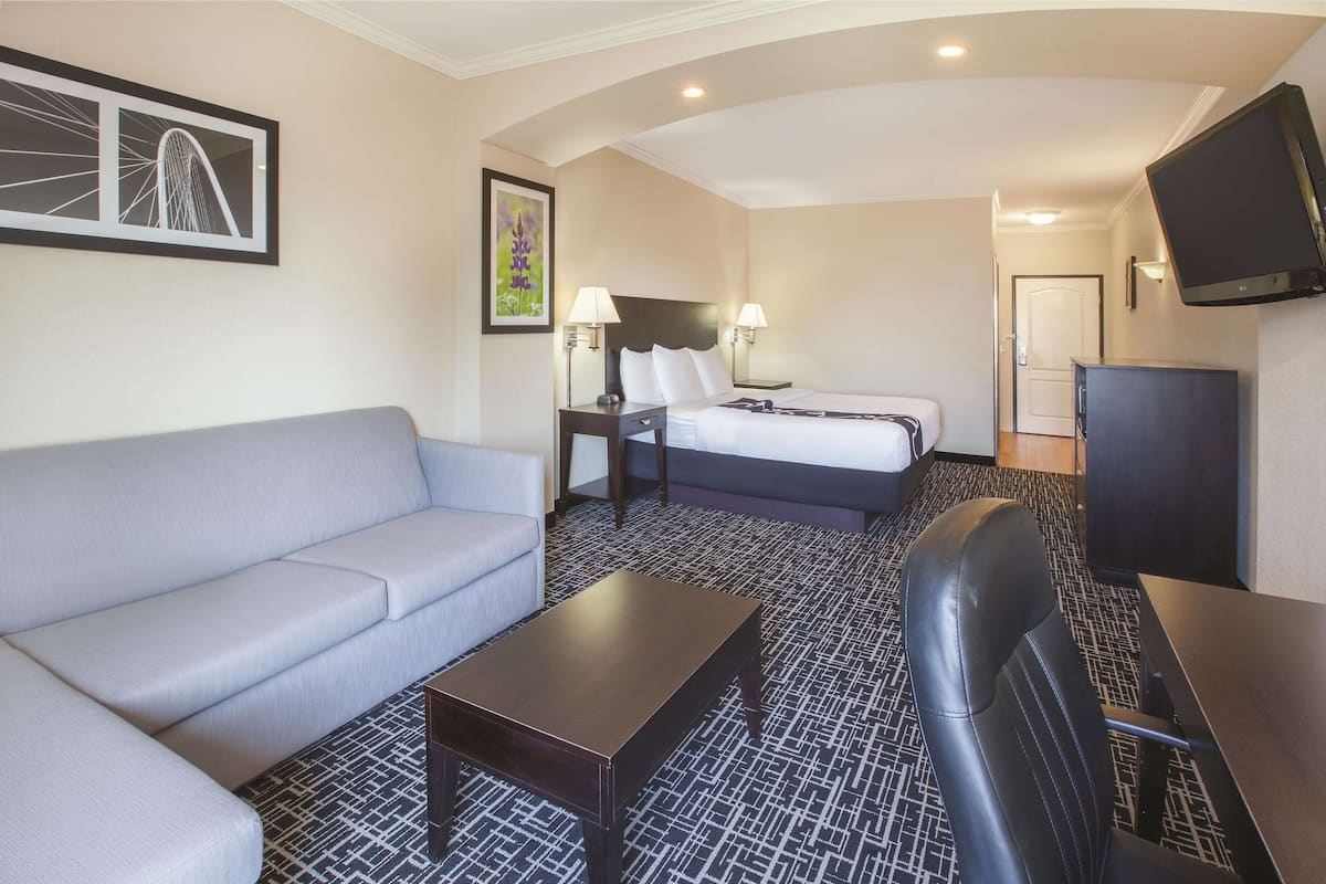 Een hotelkamer met een bank, een bed, een bureau en een televisietoestel.