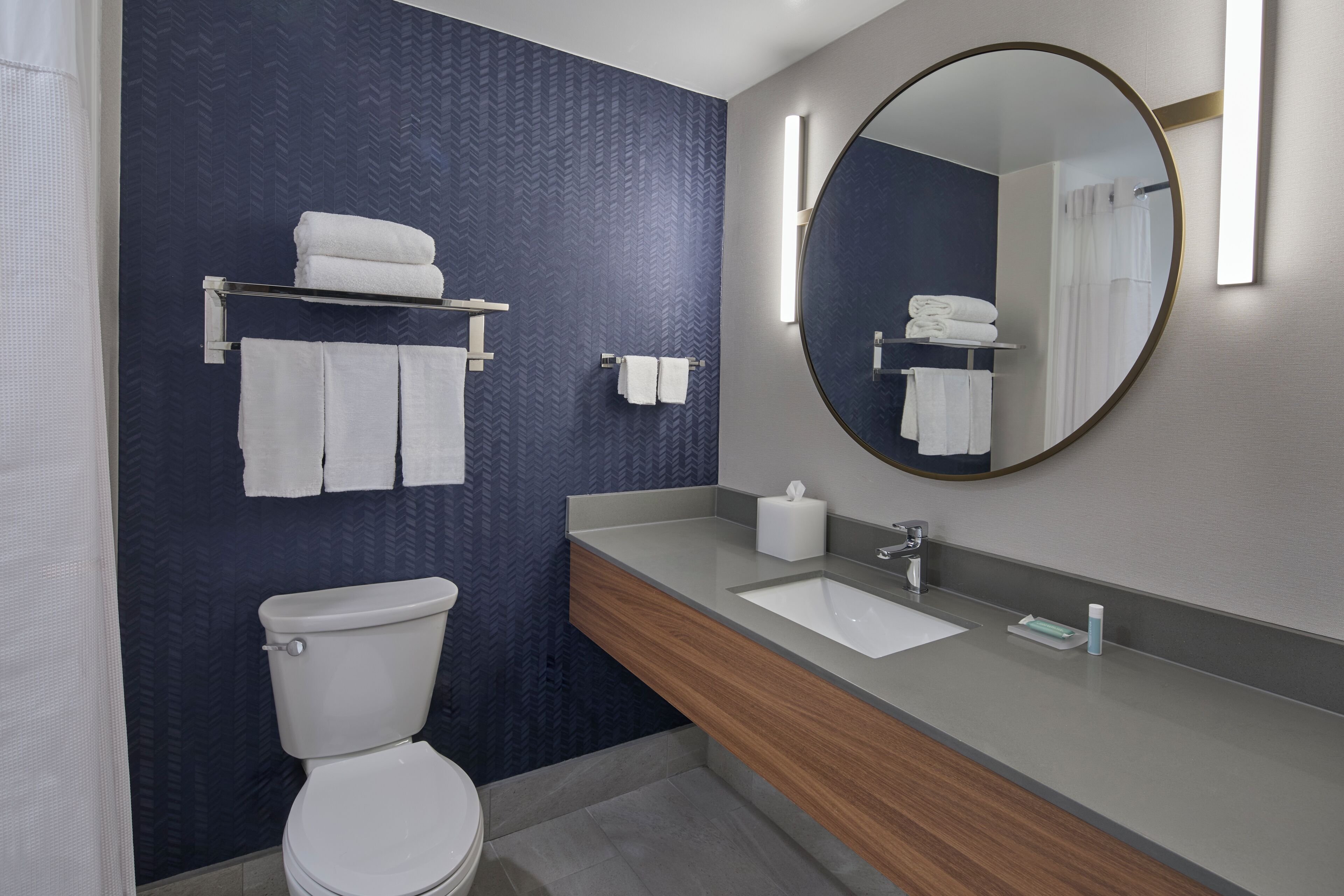 A modern bathroom with a toilet, a sink, a mirror, and a towel rack.