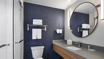 Un baño moderno con ducha, inodoro, tocador y un espejo grande.