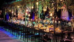 A long dining table set with chairs, surrounded by hanging lights and greenery.