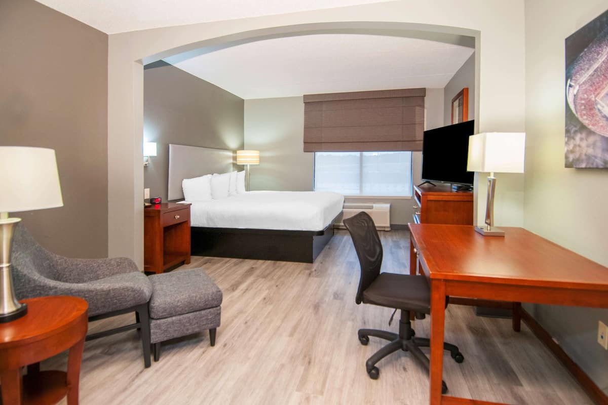 Une chambre d’hôtel avec un lit, un bureau, une chaise, une télévision et une lampe.