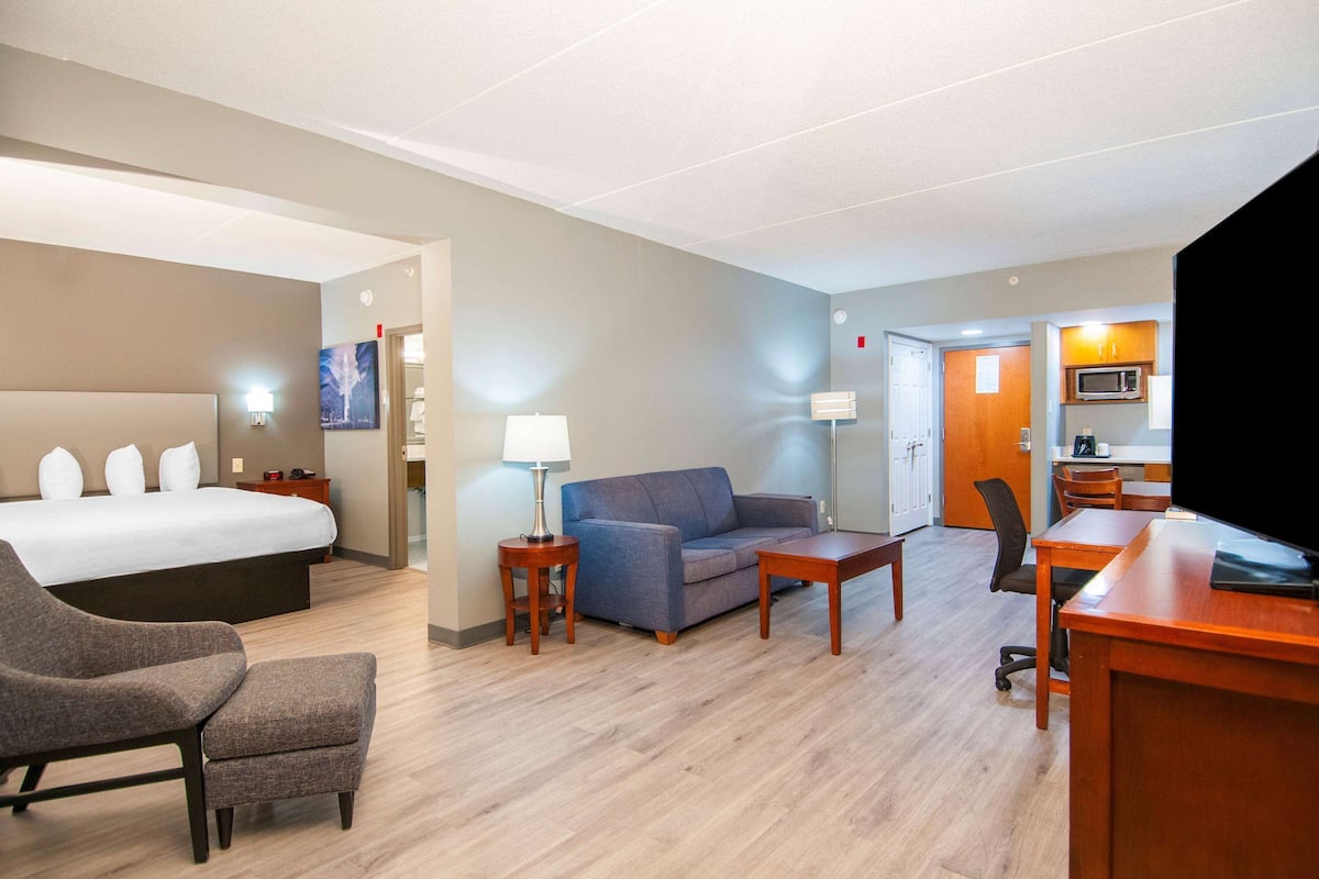 Une chambre d’hôtel comprenant un lit, un canapé, une chaise, une petite table, un bureau et un téléviseur.