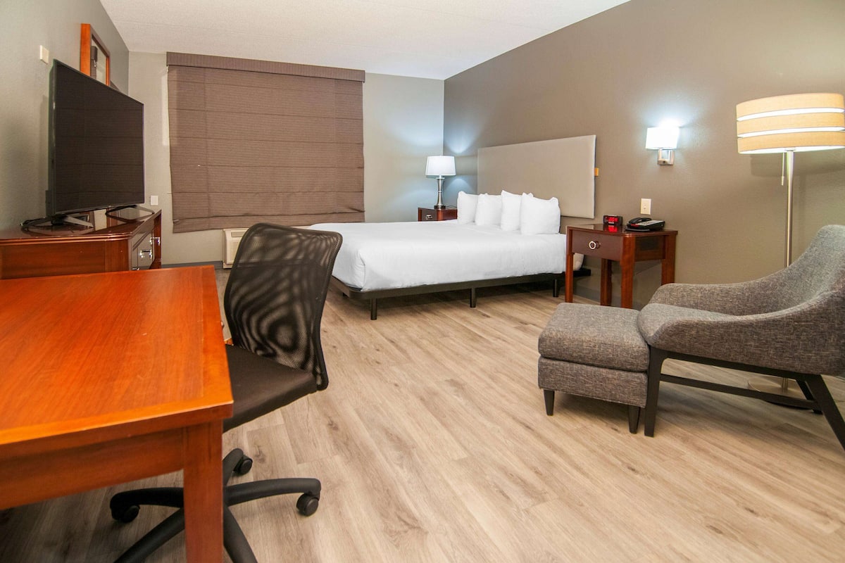 Une chambre d’hôtel avec un lit, un bureau, une chaise, une télévision et une lampe.