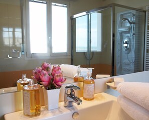 Shower, free toiletries, hair dryer, bidet