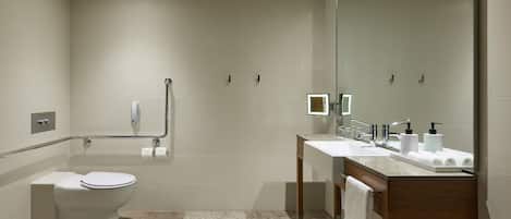 A modern bathroom with a toilet, shower, and vanity with a mirror.