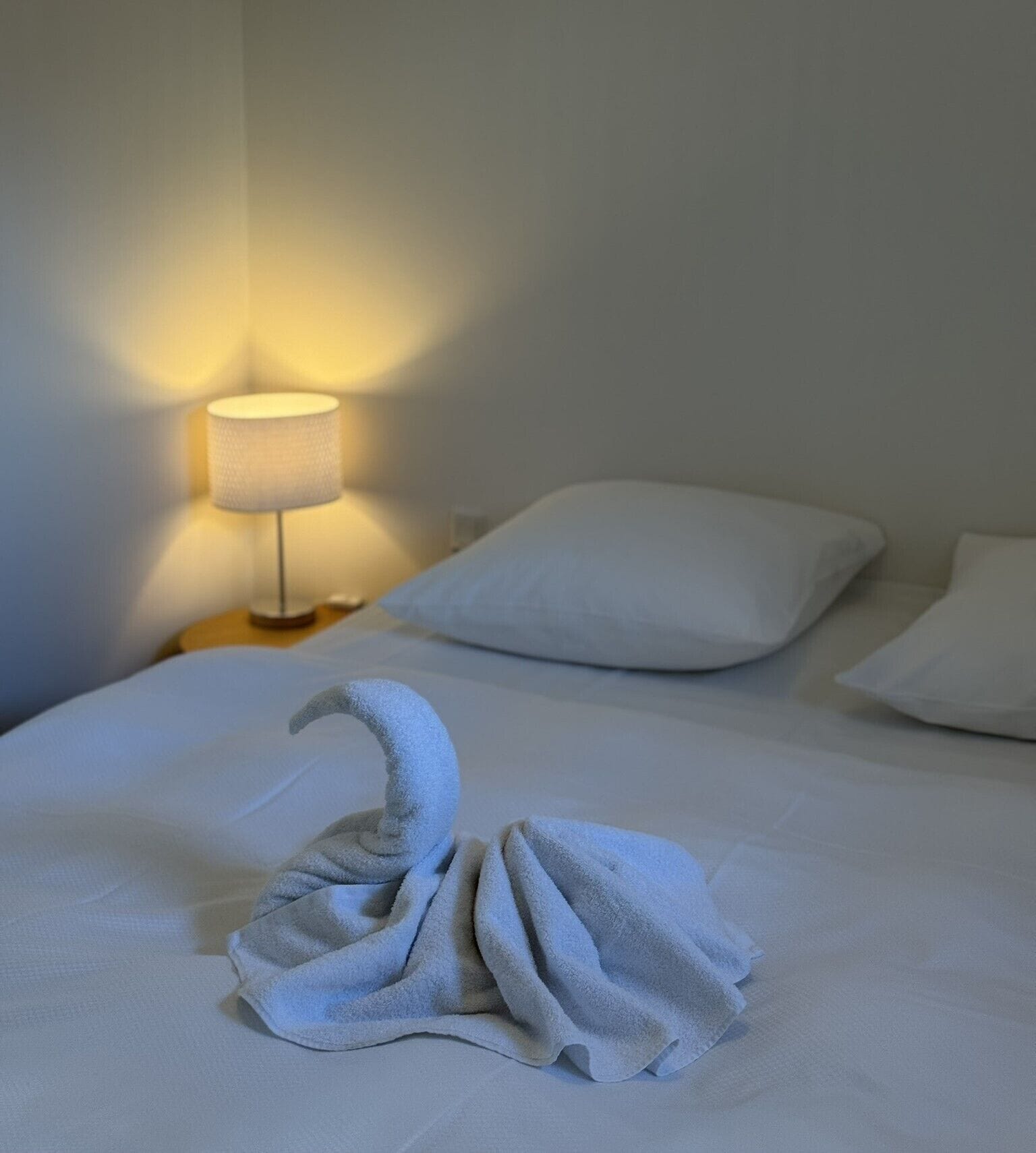 Un lit bien fait, avec une serviette pliée en forme de cygne, une lampe de chevet et un oreiller.