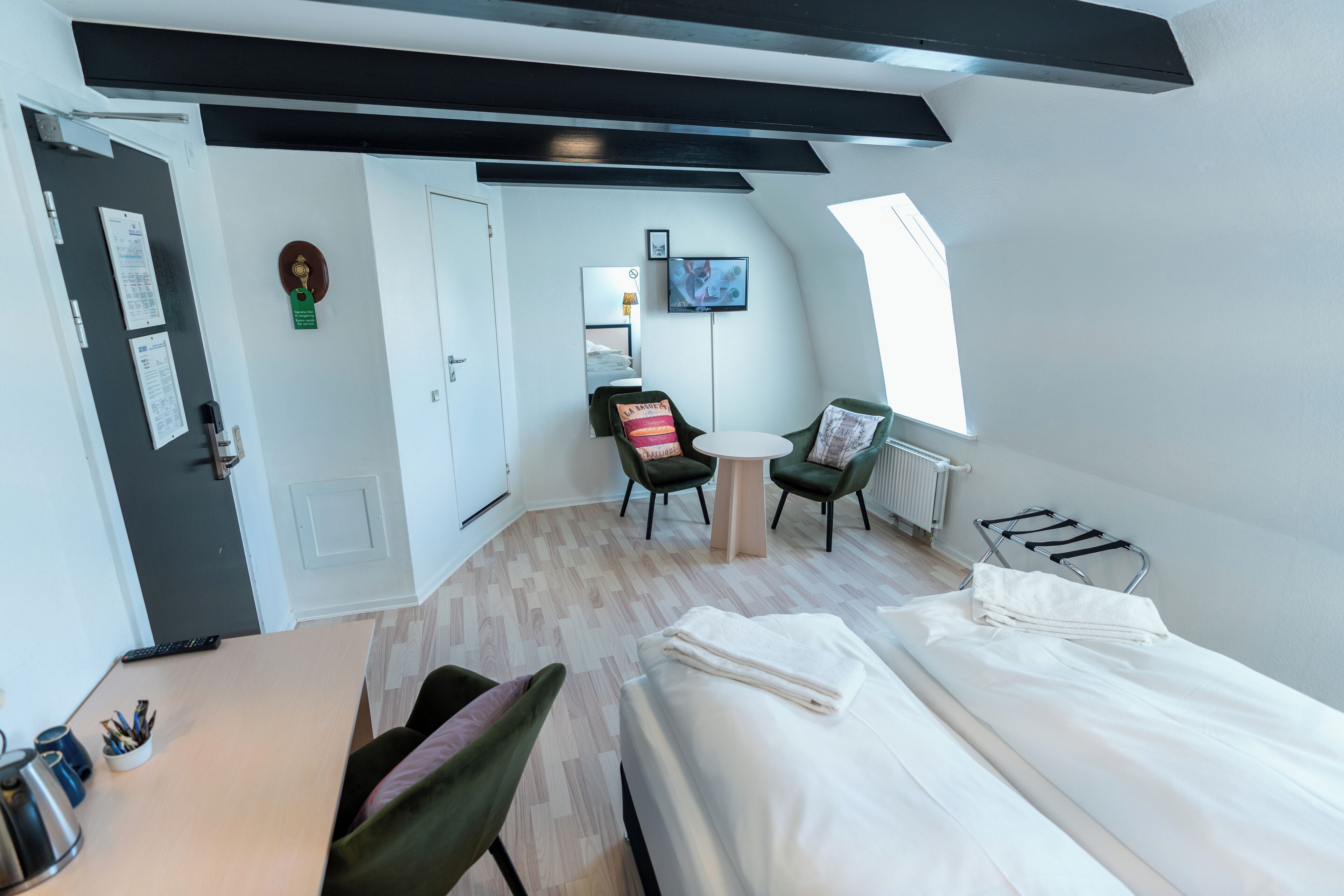 economy double twin room, small bathroom, note stairs to floor | 1 bedroom, premium bedding, down duvets, desk