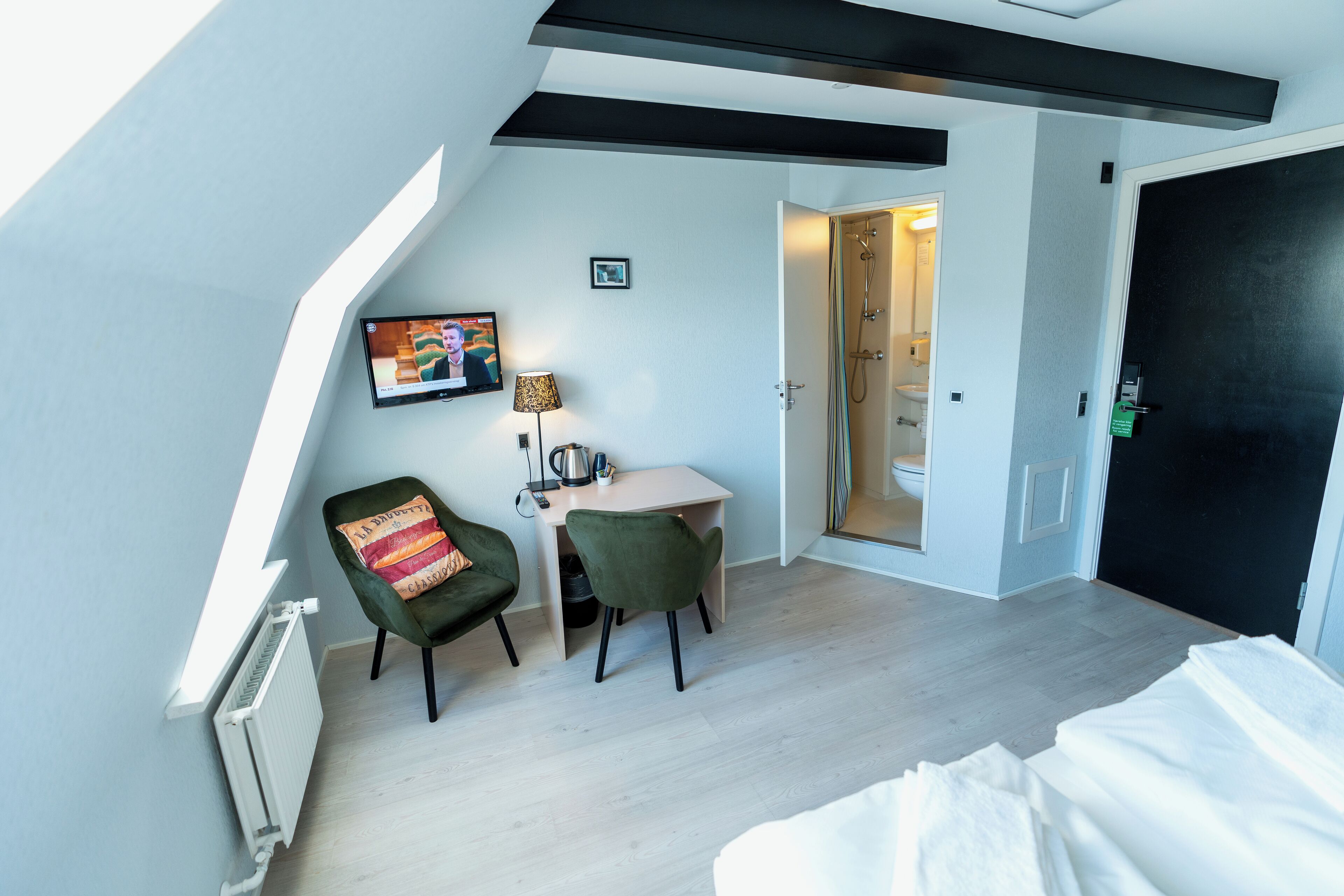 economy double twin room, small bathroom, note stairs to floor | 1 bedroom, premium bedding, down duvets, desk